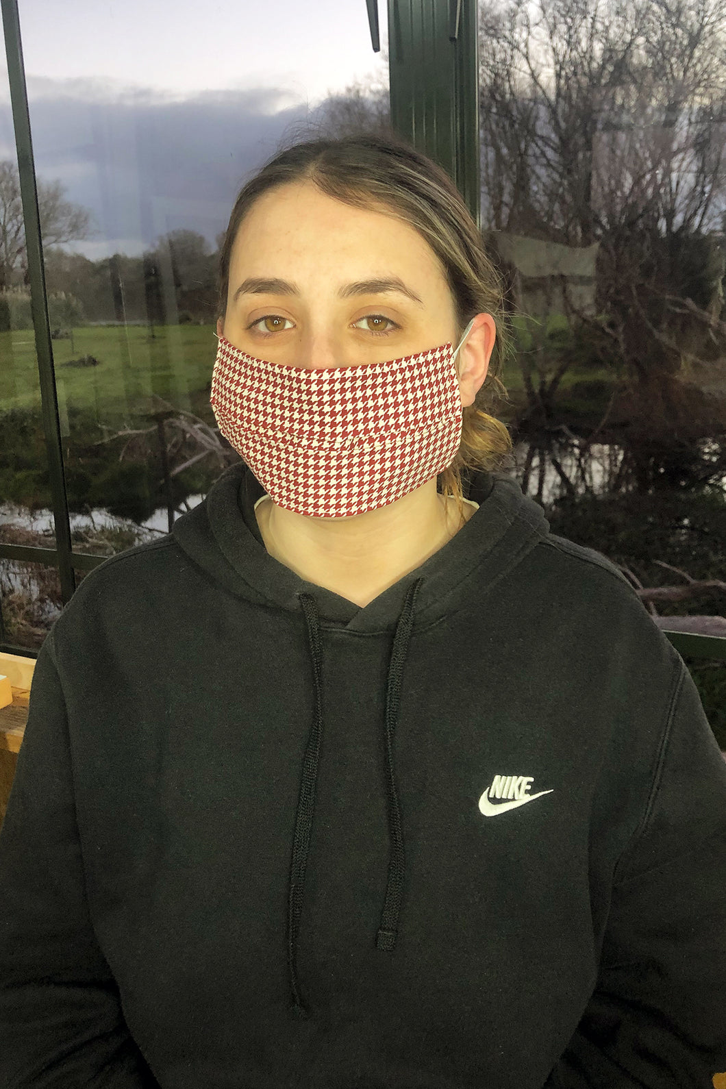 Maroon Checkered Cloth Face Mask Pleated